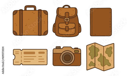 Vintage travel essentials: luggage, backpack, and travel accessories in retro style