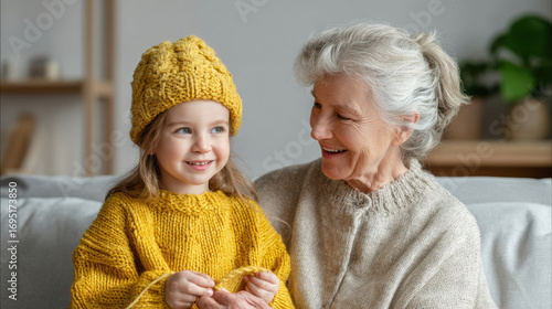 heartwarming moment where grandmother teaches her granddaughter to knit cozy hat on couch