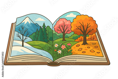 A magical fairy‑tale book featuring all four seasons—summer, winter, spring, and autumn—opens to reveal different seasonal scenes, delighting children and kids as they read about nature in a vector