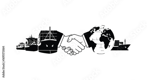 Global shipping partnership symbolized by handshake and cargo ships around the world.