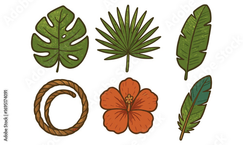 Tropical leaves and hibiscus flower with rope on white background