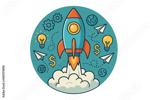 Envision beyond conventional limits, launch a space shuttle into the heavens, craft a startup concept, embrace creativity, depict a rocket icon, and create vector illustrations on paper