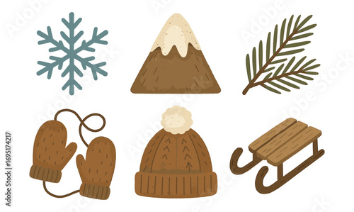 Winter elements set: snowflake, mountain, fir branch, mittens, hat, sled