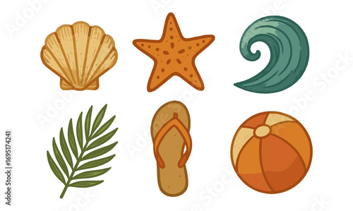 Tropical beach set with seashell, starfish, wave, palm leaf, flip flop, and beach ball