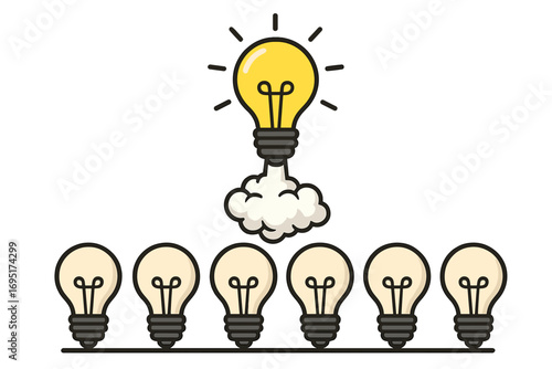 A collection of upright light bulbs featuring a single illuminated rocket launch, presented as stylish flat vector icons that embody the concept of an idea against a green backdrop