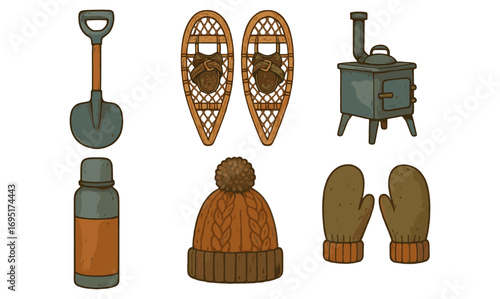 Winter essentials: cozy mittens, snowshoes, and more in hand-drawn style