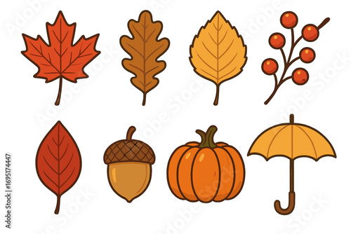 Autumn: maple leaf, oak, poplar, physalis, acorn, rowan, pumpkin, umbrella – a 3D vector icon set