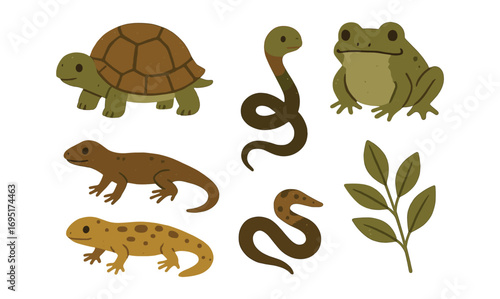 Cute reptiles and amphibians collection with snake, turtle, frog and lizards