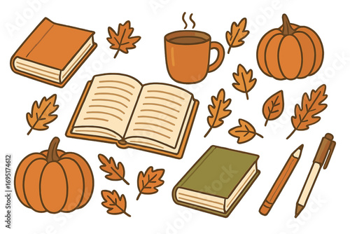 Hand-drawn vector illustration featuring autumn books, a cozy coffee mug, pumpkins, glasses, and colorful leaves, ideal for seasonal reading, back-to-school, and fall design themes