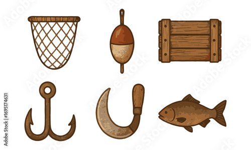 Vintage fishing gear set with net, hook, bobber, and fish in rustic style