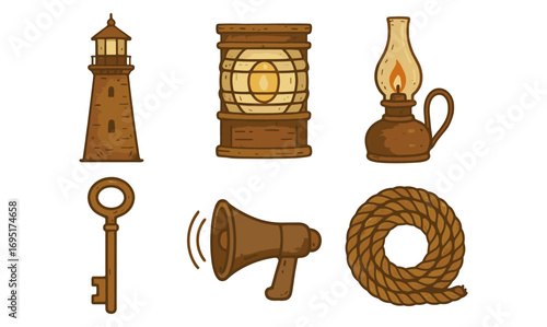 Nautical heritage icons: lighthouse, lantern, oil lamp, key, megaphone, rope set in vintage style