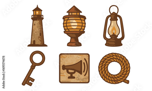 Vintage nautical icons set with lighthouse lanterns and rope elements