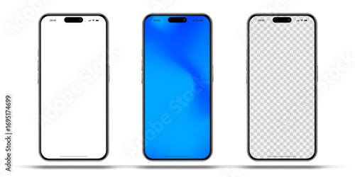 Realistic smartphone mockup. Mobile phone vector with isolated on white background. Device front view. 3D mobile phone with shadow. Realistic, high quality smart phone mockup for ui ux presentation.