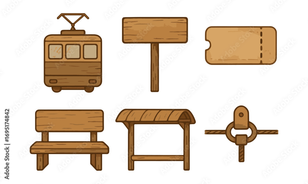 Fototapeta premium Vintage wooden style public transportation icons with tram and ticket