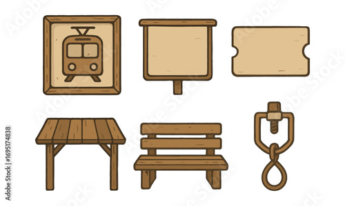 Rustic wooden transportation icons featuring train, ticket, bench, and more