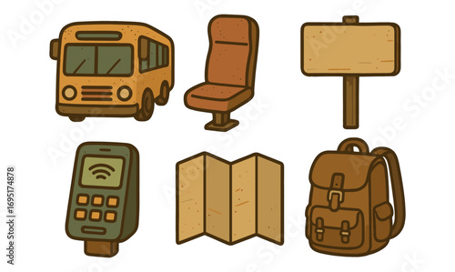 Retro travel icons featuring bus, seat, sign, parking meter, map, and backpack