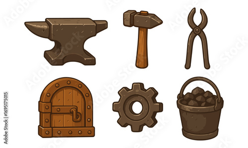 Medieval tool icons: anvil, hammer, tongs, gear, door, coal bucket