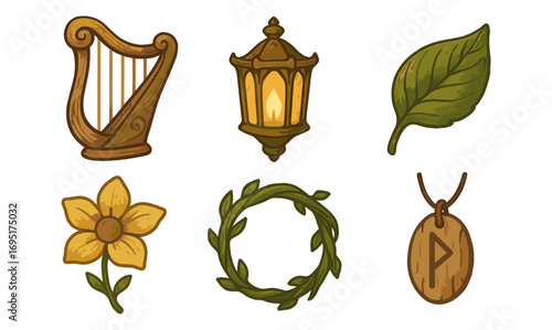 Whimsical objects collection: harp, lantern, leaf, flower, branch, and rune pendant