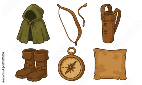 Medieval adventure gear: cloak, bow, boots, compass, map, quiver