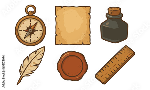 Vintage explorers set: compass, map, ink, quill, seal, ruler in rustic style