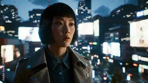 Woman standing in cityscape with illuminated displays
