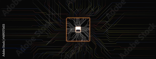 A microchip is depicted at the center, surrounded by glowing circuit lines that radiate outward. The background is black, highlighting the intricate design and technology theme.
