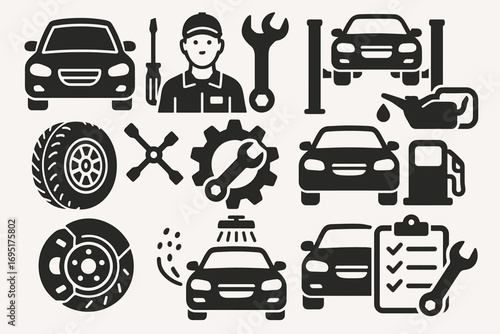 Car Repair and Maintenance Icons – Mechanic, Engine, Battery, Service Tools