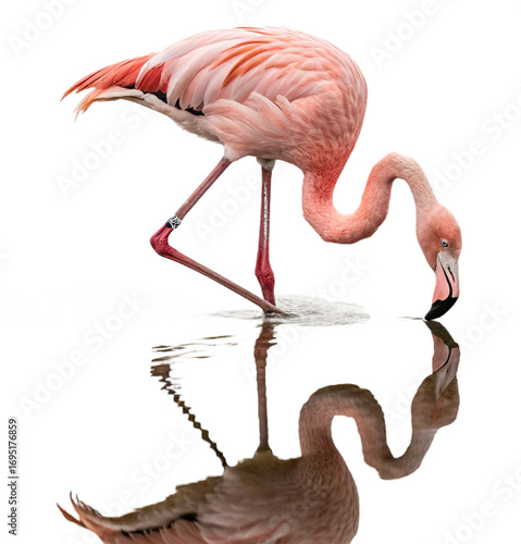 Elegant pink flamingo gracefully drinks from shimmering water, reflection creating stunning symmetry
