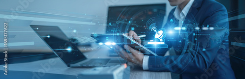 Foto Connectivity networks, mobile communication Businessman using tab with analysis