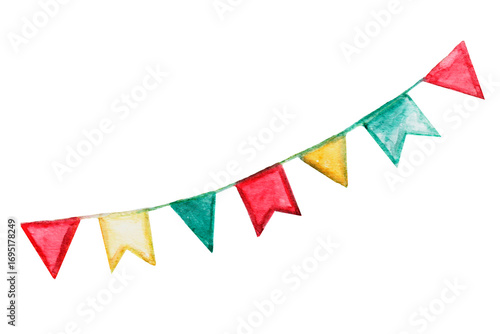 Colorful flags in red, yellow, green, and blue are strung together, adding a festive touch to the setting during a cheerful celebration or event.
