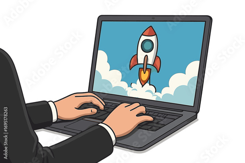 A cartoon depicting a rocket launching from a laptop screen, featuring a startup business concept, Vector episode