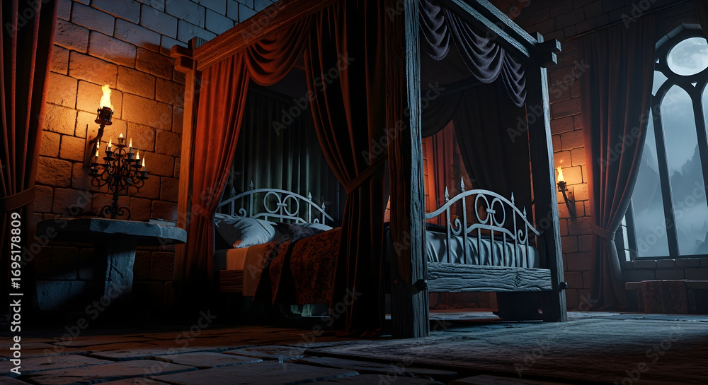 Fototapeta premium Mysterious Bedroom with Canopy Bed, Torches, and Dramatic Window View