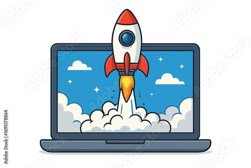 A rocket launching from a laptop screen symbolizes a new business startup and product launch, representing a successful, innovative business project with a creative idea illustrated in vector form