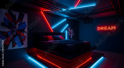 Neon bedroom with a dream sign and modern art, cyberpunk aesthetic