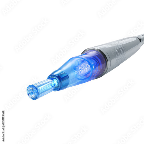 Close-up of a light-blue tipped, pointed medical device, likely for skin treatment.  The device is elongated and has a translucent, light-gray body