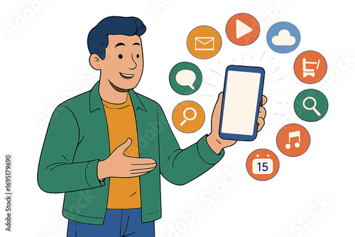 A young man in a suit and sneakers displays a smartphone featuring icons for mail, cloud services, and notifications, illustrating a vector app concept for a startup or hackathon