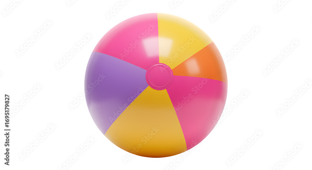 Obraz premium Classic beach ball isolated on transparent background for summer fun, Colorful inflatable beach ball with white, orange, yellow, and blue panels, summer pool toy