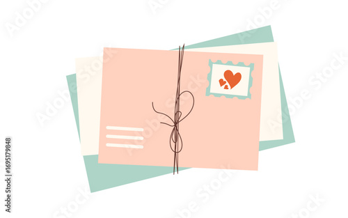 Love letters and Postcards in soft pastel tones are tied together with a simple twine. One card showcases a heart stamp, representing the charm of traditional mail and personal connections.