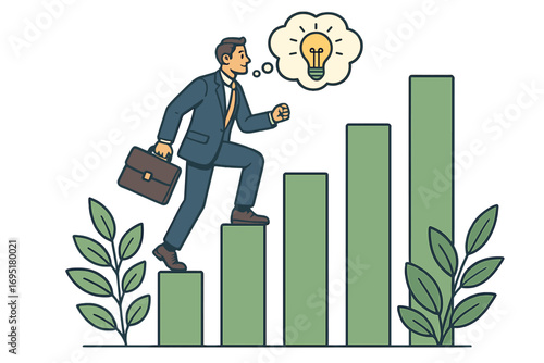 Young entrepreneur ascends a step chart marked with an arrow, featuring a career growth banner, a line-based business concept, a contour icon, a linear people poster, and a startup outline vector