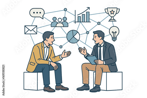 Business professionals discuss and negotiate a deal while surrounded by communication icons, engaging in business development, support, brainstorming, global commerce, logistics, and concept