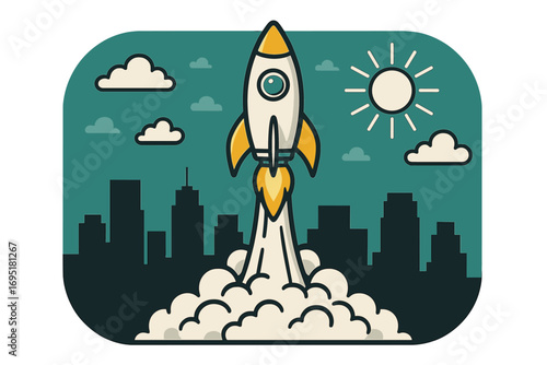 A missile launch over a city backdrop, depicting a business concept, startup, and project initiation, rendered as a modern flat-style cartoon vector illustration