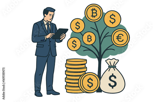 Illustration of a flat cartoon banner depicting business development and a growing startup, featuring an entrepreneur holding coins beneath a money tree, symbolizing investment and profit growth