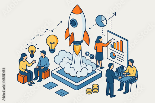 An isometric vector illustration of a startup business concept featuring people, a rocket, and an astronaut, designed as a web landing page template
