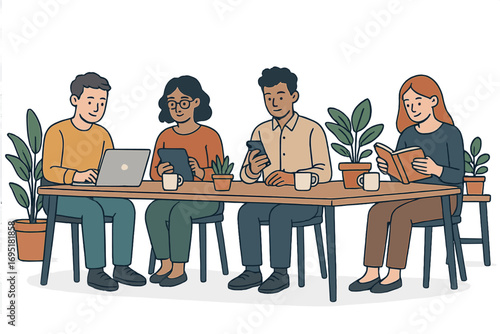 Vector illustration of a coworking space featuring flat cartoon young creative professionals gathered around a table, smiling and working on laptops, tablets, or smartphones against a modern office