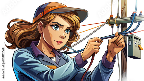 Close-up portrait of female electrician adjusting wire carefully. Isolated white background conveys focus, resilience, and modern expertise.
