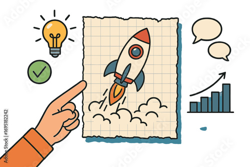 Pop art banner featuring a halftone rocket, a pointing hand, and a torn checkered paper fragment, assembled into a modern collage that embodies a business startup concept and sparks idea creation