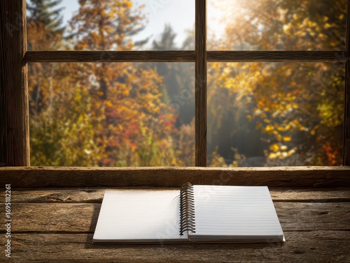 Blank Notepad on Rustic Wooden Table with Autumnal Window View