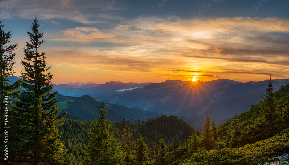 Fototapeta premium Serene Sunset Over Majestic Mountain Ranges And Verdant Pine Forests