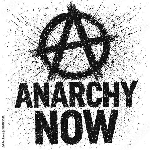Grunge Anarchy Symbol Graphic with 'ANARCHY NOW' Text, Featuring Distressed Black Circle-A Logo and Paint Splatter Effect on White Background – Ideal for Punk Rock, Rebel, Protest, and Counter-Culture