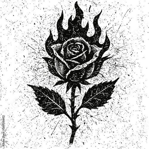 Distressed Grunge Black and White Flaming Rose Vector Art Illustration with Gritty Texture and Dynamic Splatter Effect, Perfect for Edgy Apparel, Tattoo Designs, Music Album Covers, and Alternative Gr